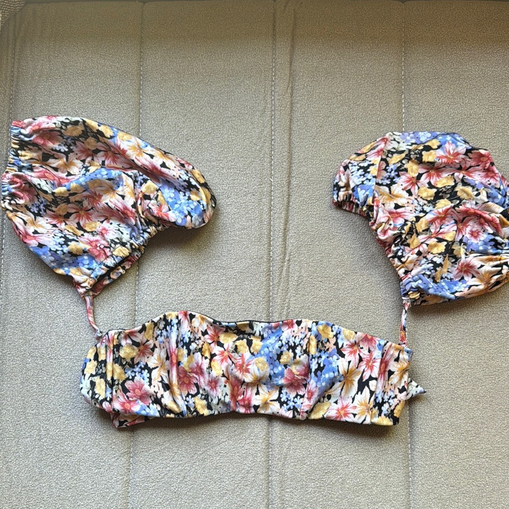 Floral Bikini Top with Puff Sleeves